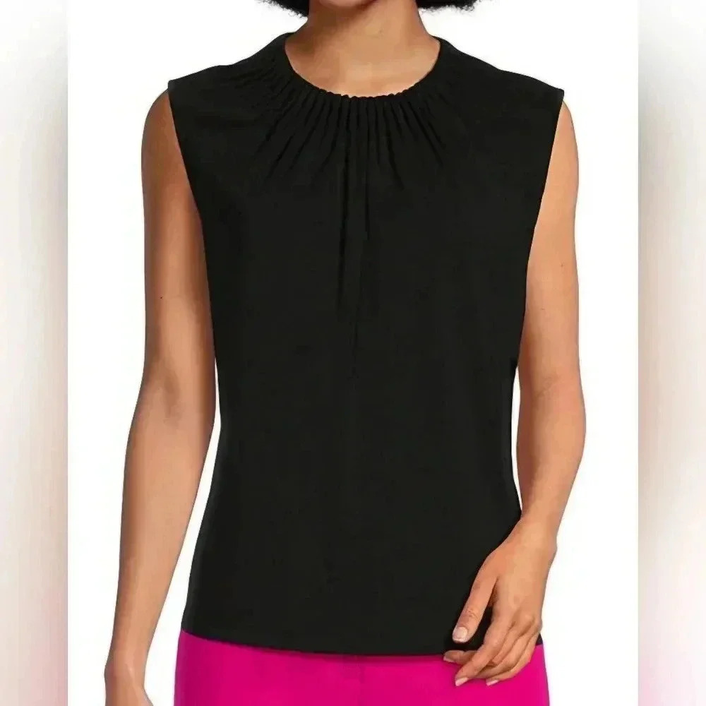 DKNY Extend Shoulder Pleat Round Neck Top Black